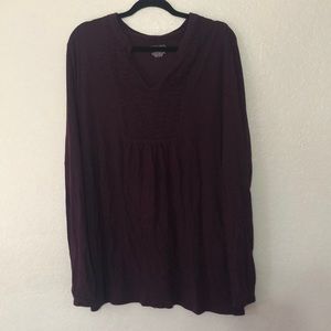 Merona Burgundy V-Neck Smocked Neckline Long Sleeve T-Shirt Tee Top